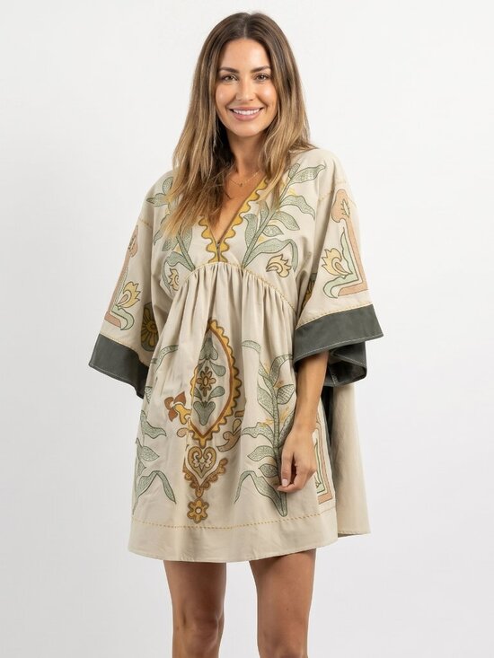 Dresses & Skirts - Women's Vintage Embroidered Babydoll Dress Oversized V Neck Boho Tunic Mini